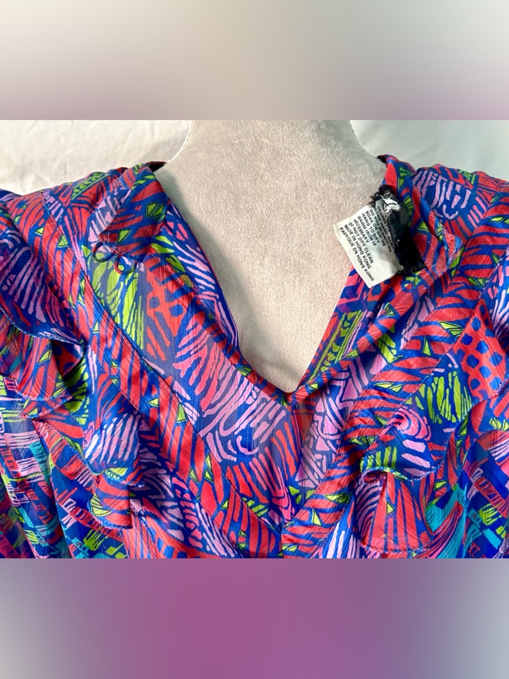 Vintage 80s Diane Freis Bold Multicolor Abstract Ruffle Drawstring Top, Size L - Picture 14 of 17
